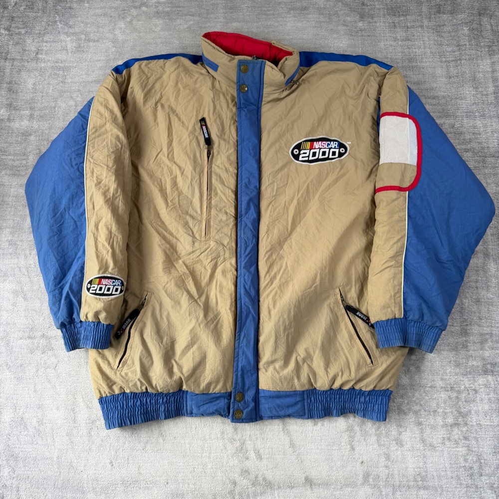 Chase Authentics NASCAR 2000 Jacket Mens Large Tan Blue Racing Puffer Vtg Y2K